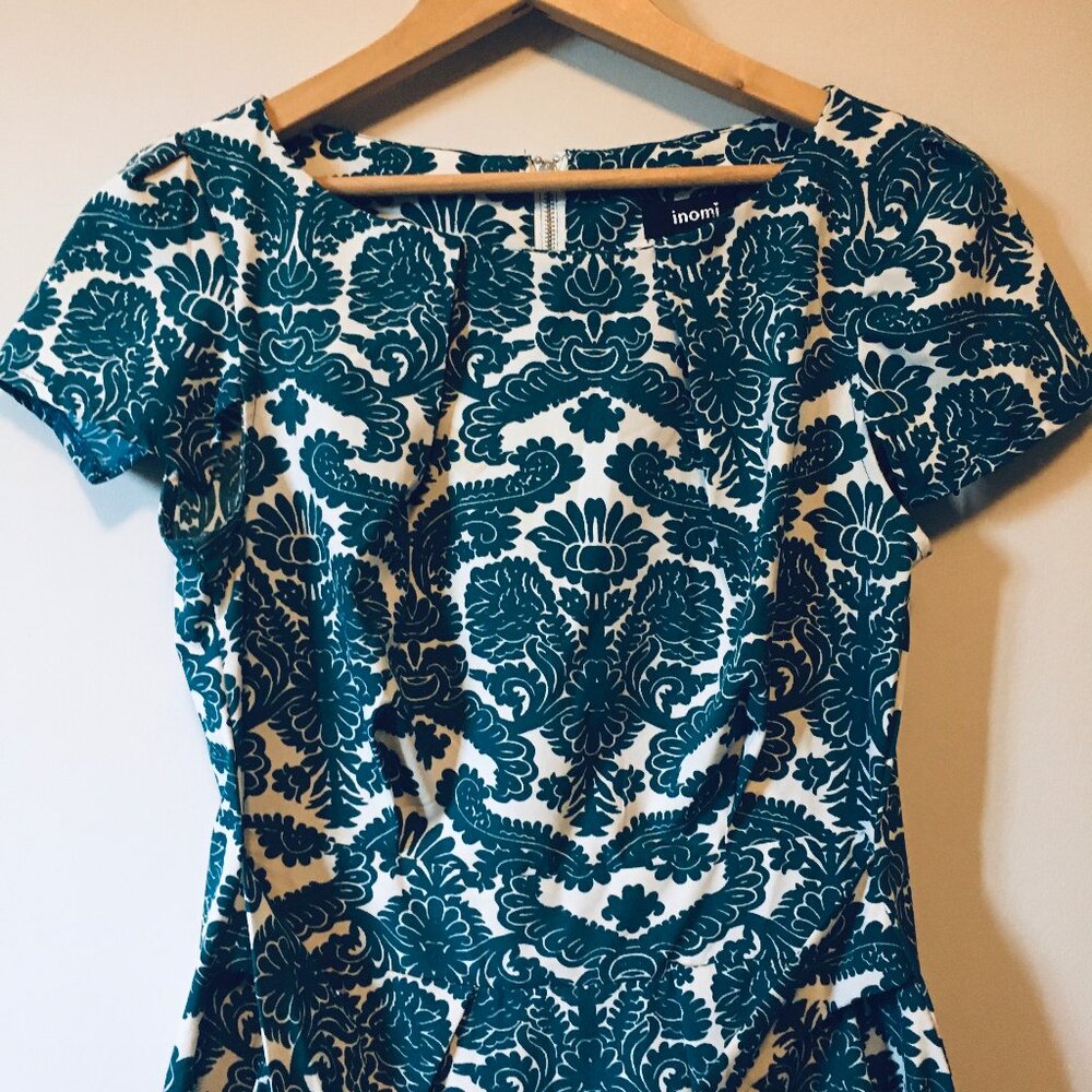 Teal Folksy Damask Print Short Sleeve Dress A-Line Kneelength - Picture 3 of 16